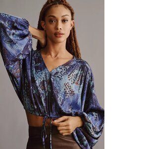 By Anthropologie Long-Sleeve Shine Cropped Blouse size S new floral top nwt